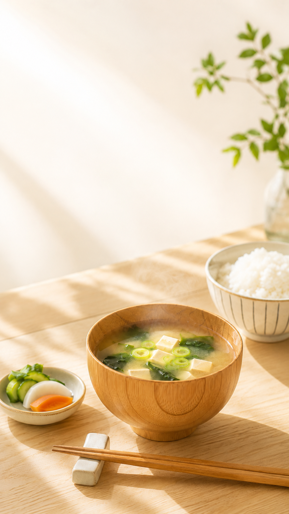 味噌汁とご飯が並ぶ食卓